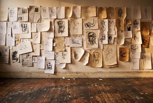 Studio Wall Covered in Pinned Figure Sketches