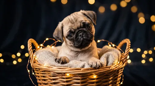 Fawn Pug Puppy in Wicker Basket