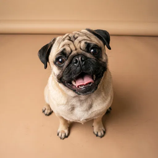 Happy Fawn Pug Looking Up in Studio