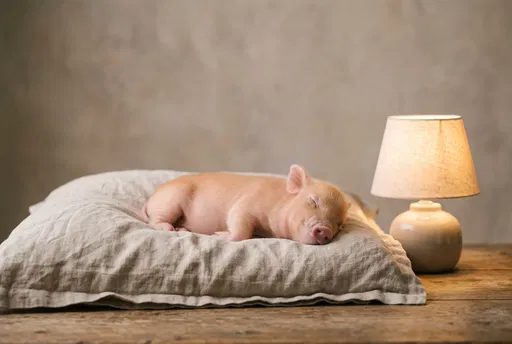 Miniature Piglet Sleeping on Linen Cushion