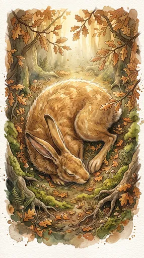 Watercolor Sleeping Hare in Autumn Forest