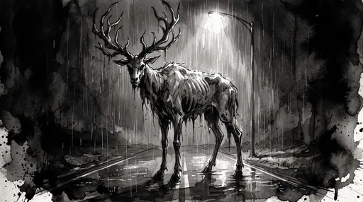 Skeletal Stag Monster on Rainy Road