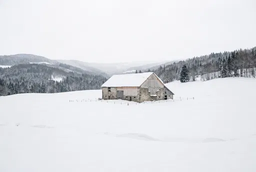 Stone and Timber Barn in Snow