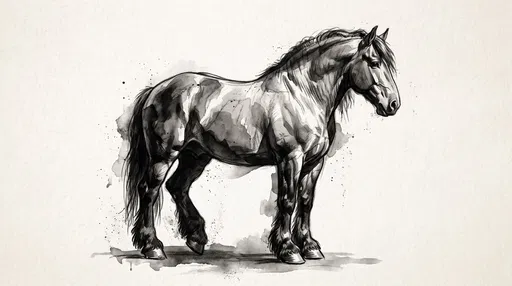 Monochrome Watercolor Draft Horse Illustration
