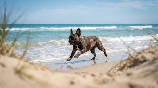 Brindle French Bulldog Running on Beach