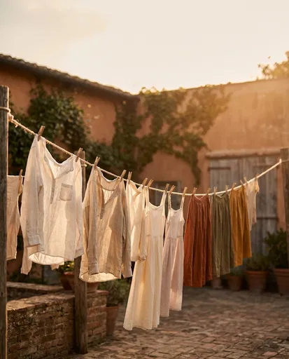 Linen Clothes Drying on Courtyard Clothesline