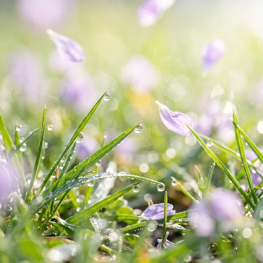 Dewy Grass Blades with Floating Lilac Petals