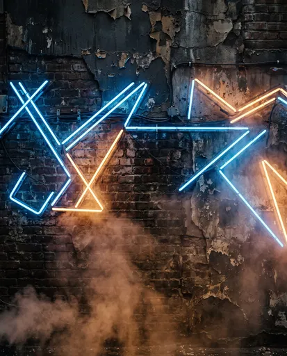 Abstract Neon Lights on Grunge Brick Wall