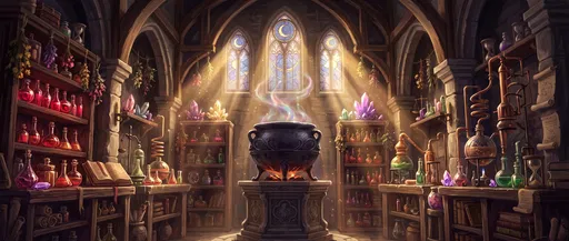 Magical Alchemist Workshop With Glowing Cauldron