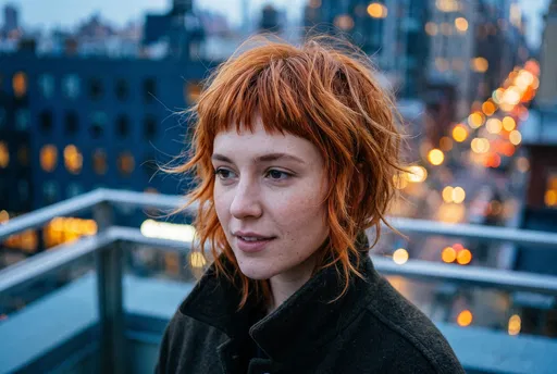 Woman With Copper Shag Haircut on Terrace