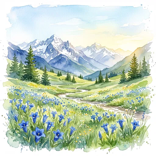 Watercolor Alpine Meadow With Blue Gentians