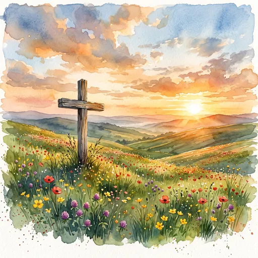 Watercolor Cross on Wildflower Hillside at Sunset