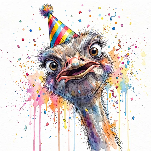 Watercolor Ostrich Wearing Birthday Party Hat