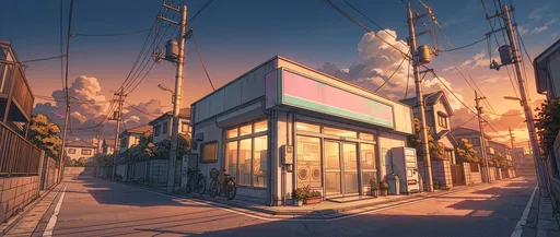 Anime Suburban Laundromat Corner at Sunset