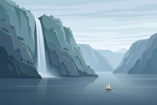 Nordic Fjord Waterfall and Sailboat Illustration