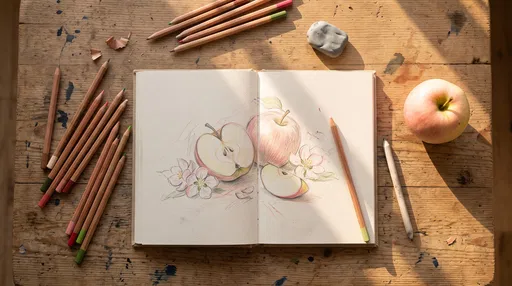 Sketchbook With Apple Drawing on Wooden Desk