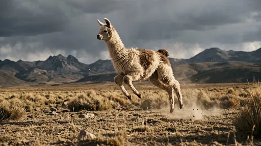 Young Llama Leaping Across Mountain Plateau