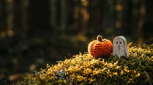 Crochet Pumpkin and Wooden Ghost on Moss
