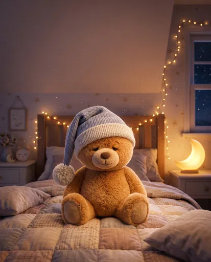 Sleepy Teddy Bear Wearing Nightcap on Bed