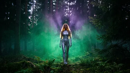 Blonde Sci-Fi Figure in Glowing Forest