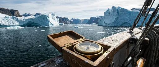 Brass Compass on Ship in Glacial Fjord