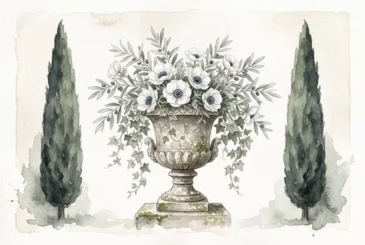 Watercolor Stone Urn With White Anemones