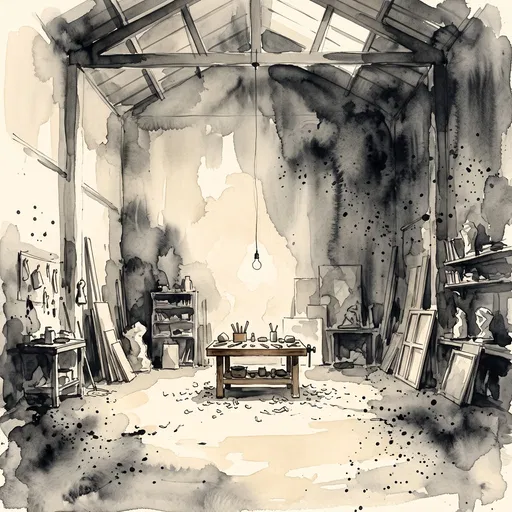 Charcoal Watercolor of Artist Studio