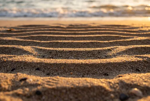 Golden Hour Sand Ripples Near Ocean Surf