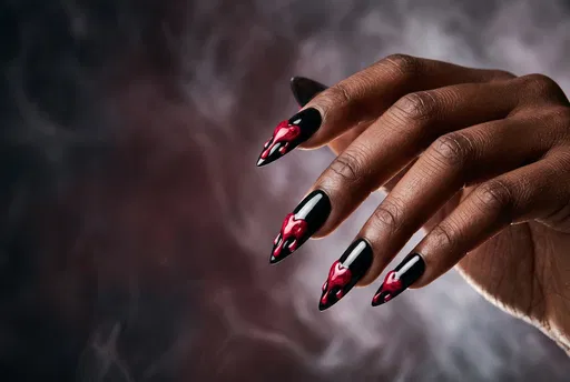 Black Stiletto Nails With Red Heart Drips