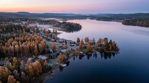 Aerial View of Nordic Lakeside Village at Dusk