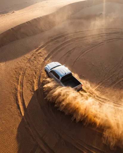 Silver Pickup Truck Driving Through Desert Dunes