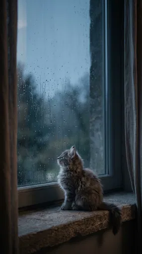 Fluffy Kitten Watching Rain on Windowsill
