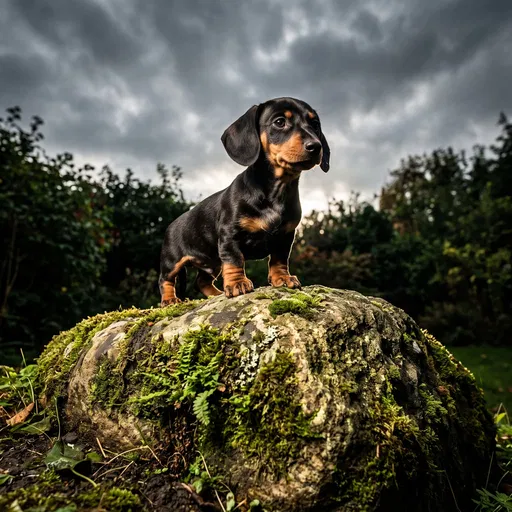 Dachshund Puppy Standing on Mossy Rock