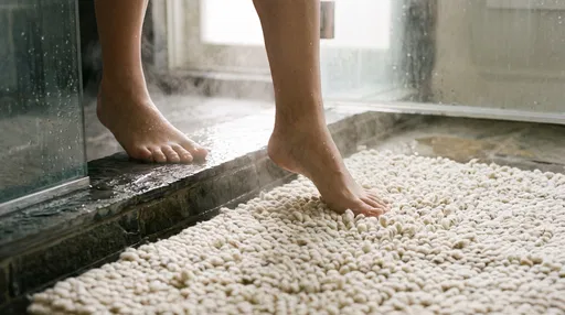 Bare Feet Stepping onto Cream Bath Rug