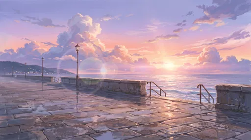Anime Coastal Promenade at Pastel Sunset