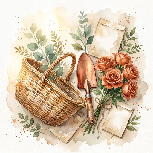 Watercolor Gardening Basket and Terracotta Roses