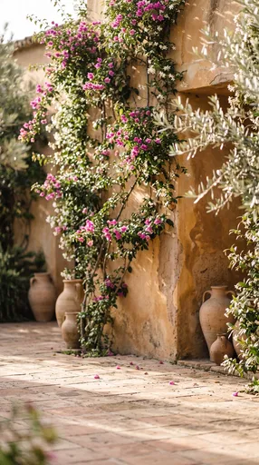 Sunlit Mediterranean Courtyard with Bougainvillea Vines
