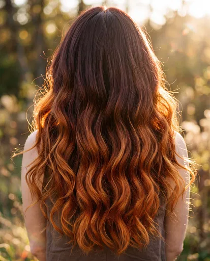 Woman With Wavy Copper Ombre Hair