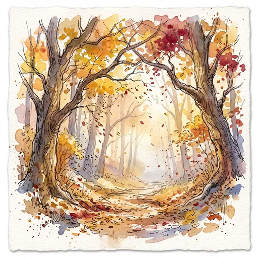 Watercolor and Ink Autumn Forest Path