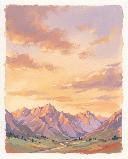 Pastel Gouache Mountain Valley Sunset Illustration