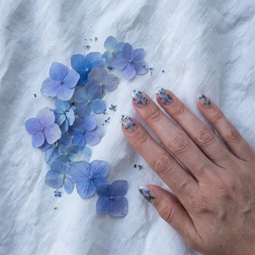 Blue Floral Gel Nails With Hydrangeas