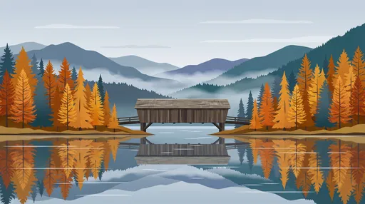 Autumn Covered Bridge Mountain Reflection Illustration