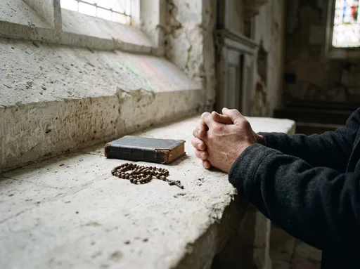 Folded Hands and Rosary on Stone Ledge
