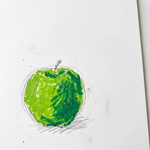 Expressive Green Apple Oil Stick Drawing