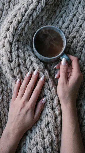 Manicured Hands With Mug on Knit Blanket