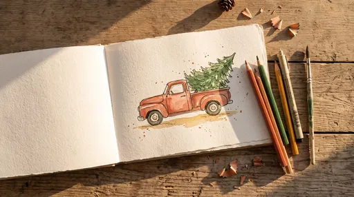 Watercolor Christmas Truck Sketchbook Flat Lay