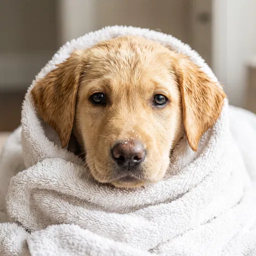 Yellow Puppy Wrapped in White Towel