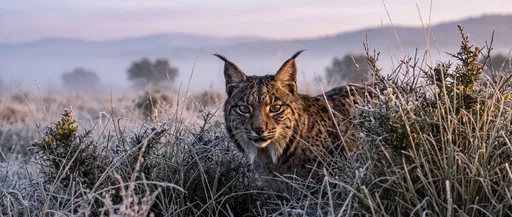 Iberian Lynx in Frosted Morning Grass