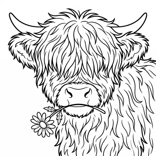 Highland Cow With Daisy Coloring Page
