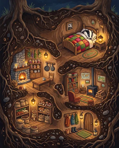 Cozy Underground Badger Burrow Cutaway Illustration